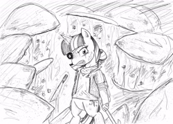Size: 3360x2402 | Tagged: safe, artist:potatobug, derpibooru exclusive, twilight sparkle, twilight sparkle (alicorn), alicorn, pony, alternate hairstyle, angry, axe, bipedal, cheese, clothes, eyepatch, food, gloves, grayscale, knife, monochrome, quesadilla, quesadilla monster, solo, surrounded, they're just so cheesy, wat, weapon