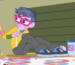 Size: 589x511 | Tagged: safe, screencap, microchips, a banner day, equestria girls, friendship games, canterlot high, clothes, cropped, glasses, gymnasium, male, pants, shoes, sneakers, solo