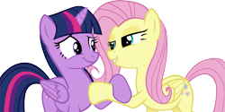 Size: 5377x2695 | Tagged: safe, artist:ironm17, fluttershy, twilight sparkle, twilight sparkle (alicorn), alicorn, pegasus, pony, bedroom eyes, female, grin, hoof on chest, lesbian, looking at each other, love, shipping, simple background, smiling, transparent background, twishy, vector