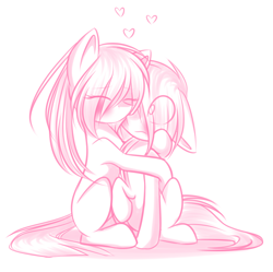 Size: 1600x1591 | Tagged: safe, artist:snowbunny0820, oc, oc only, oc:blake, earth pony, pony, female, floppy ears, hug, kissing, male, mare, monochrome, sitting, stallion