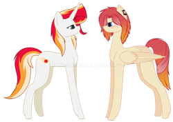 Size: 1280x907 | Tagged: safe, artist:ipandacakes, oc, oc only, oc:blazing flare, oc:solar flare, pegasus, pony, unicorn, female, mare, parent:fire streak, parent:sunset shimmer, parents:sunsetstreak, simple background, transparent background