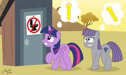 Size: 1024x608 | Tagged: safe, artist:aarondrawsarts, maud pie, twilight sparkle, twilight sparkle (alicorn), alicorn, earth pony, pony, bladder gauge, desperation, female, mare, need to pee, omorashi, out of character, out of order, outhouse, potty dance, potty emergency, potty time, sweat, trotting in place, wrong cutie mark