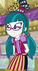 Size: 390x720 | Tagged: safe, screencap, juniper montage, equestria girls, mirror magic, spoiler:eqg specials, arm behind back, clothes, female, glasses, hat, pigtails, skirt, solo