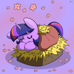 Size: 2000x2000 | Tagged: safe, artist:fluffyxai, twilight sparkle, pony, :t, behaving like a bird, blanket, cute, eyes closed, female, flower, hay, mare, nest, prone, purple background, simple background, sleeping, smiling, solo, twiabetes