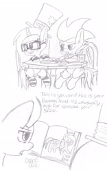 Size: 1857x2975 | Tagged: safe, artist:comet0ne, artist:katkathasahathat, oc, oc only, oc:ryn, oc:suisei, pony, book, chair, clothes, comic, dialogue, drawing, hat, heart, lilo and stitch, monochrome, smiling, socks, striped socks, table, traditional art