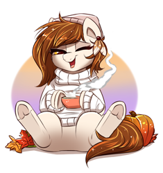 Size: 924x981 | Tagged: safe, artist:confetticakez, oc, oc only, oc:raven sun, autumn, autumn leaves, beanie, clothes, coffee, cute, featureless crotch, female, hat, mare, pumpkin, simple background, sitting, smiling, solo, sweater, underhoof