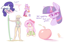 Size: 3000x2000 | Tagged: safe, artist:heir-of-rick, applejack, fluttershy, rarity, twilight sparkle, pony, equestria girls, apple, appletini, armpits, barefoot, belly button, bikini, blaze the cat, bow, breasts, clothes, colored sketch, cowboy hat, crossover, cute, feet, female, food, hat, mare, midriff, shyabetes, skirt, skirt pull, smiling, sonic the hedgehog (series), stetson, surfboard, swimsuit, tankini, tanktop