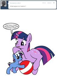 Size: 600x800 | Tagged: safe, artist:dekomaru, twilight sparkle, oc, oc:nebula, pony, unicorn, ask, ball, belly button, colt, magical lesbian spawn, male, offspring, parent:trixie, parent:twilight sparkle, parents:twixie, pregnant, prone, tumblr, tumblr:ask twixie