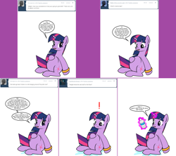 Size: 1808x1604 | Tagged: safe, artist:dekomaru, twilight sparkle, pony, ask, belly button, bottle, exclamation point, magic, pregnant, sitting, solo, tumblr, tumblr:ask twixie, water