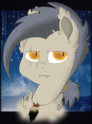 Size: 1098x1473 | Tagged: safe, artist:changelingtrash, artist:princessamity, oc, oc only, oc:dubhan, bat pony, bust, cloud, jewelry, necklace, night, ponytail, portrait, scar, solo, stars