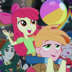 Size: 720x720 | Tagged: safe, screencap, apple bloom, big macintosh, curly winds, heath burns, mystery mint, scott green, some blue guy, teddy t. touchdown, equestria girls, rainbow rocks, shake your tail, adorabloom, apple bloom's bow, ball, bow, brother and sister, cropped, cute, fall formal outfits, female, hair bow, male, siblings