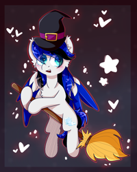 Size: 2000x2500 | Tagged: safe, artist:nyanxleb, oc, oc only, oc:black ice, pegasus, pony, blushing, broom, chest fluff, colored wings, cute, ear fluff, halloween, hat, heart, holiday, multicolored wings, open mouth, simple background, stars, witch hat