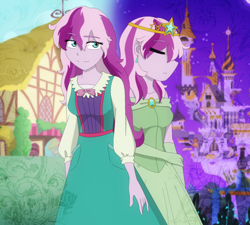 Size: 1574x1419 | Tagged: safe, artist:fantasygerard2000, wysteria, human, g3, canterlot, clothes, crown, dress, ear piercing, earring, eyes closed, g3 to g4, generation leap, humanized, jewelry, piercing, pony coloring, ponyville, regalia, smiling, solo