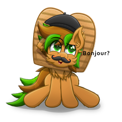 Size: 4000x4000 | Tagged: safe, alternate version, artist:sol-r, oc, oc only, oc:french toast, earth pony, pony, absurd resolution, bread, bread head, clothes, costume, dialogue, ear fluff, facial hair, female, food, hat, mare, moustache, multicolored hair, multicolored mane, multicolored tail, nightmare night costume, simple background, sitting, solo, toast, transparent background, vector