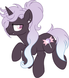 Size: 753x853 | Tagged: safe, artist:sweethearttarot, oc, oc only, oc:ultra violet, pony, unicorn, ear piercing, earring, jewelry, long mane, looking at you, piercing, ponytail, simple background, smiling, solo, transparent background