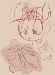 Size: 437x589 | Tagged: safe, artist:miisua, twilight sparkle, book, magic, monochrome, smiling, solo, telekinesis, that pony sure does love books