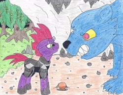 Size: 2185x1695 | Tagged: safe, artist:jamestkelley, tempest shadow, ursa minor, my little pony: the movie, angry, cave, confrontation, everfree forest, reunion, traditional art