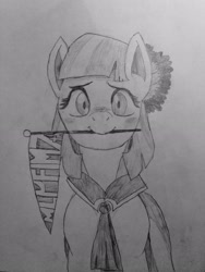 Size: 2448x3264 | Tagged: safe, artist:etech, derpibooru exclusive, coco pommel, blushing, cute, happy birthday mlp:fim, looking at you, mlp fim's seventh anniversary, mouth hold, pennant, solo, traditional art