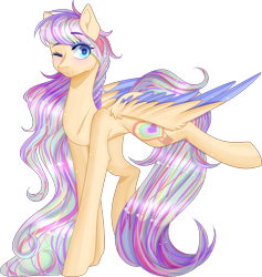 Size: 1188x1255 | Tagged: safe, artist:clefficia, oc, oc only, oc:skye, pegasus, pony, colored wings, female, mare, multicolored wings, one eye closed, raised leg, simple background, solo, transparent background, wink