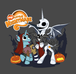 Size: 1072x1038 | Tagged: safe, artist:cherrygarcia, alicorn, pony, unicorn, jack skellington, ponified, sally, teepublic, the nightmare before christmas