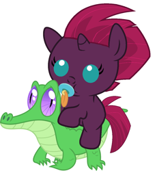 Size: 936x1017 | Tagged: safe, artist:red4567, gummy, tempest shadow, pony, my little pony: the movie, baby, baby pony, cute, pacifier, ponies riding gators, riding, tempestbetes