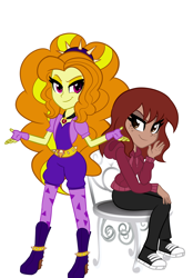 Size: 1024x1472 | Tagged: safe, artist:wubcakeva, adagio dazzle, oc, equestria girls, rainbow rocks, boots, clothes, converse, equestria girls-ified, fingerless gloves, gem, gloves, high heel boots, hoodie, looking at you, shoes, simple background, siren gem, sitting, smiling, sneakers, sweater
