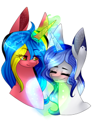 Size: 998x1299 | Tagged: safe, artist:alithecat1989, oc, oc only, oc:ali, oc:olivia, pony, unicorn, eyes closed, female, glowing horn, lesbian, mare, oc x oc, shipping, simple background, transparent background