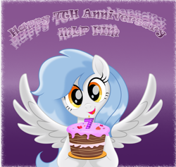 Size: 3175x3008 | Tagged: safe, artist:rainbownspeedash, oc, oc only, oc:vector cloud, pegasus, pony, birthday candles, cake, female, food, happy birthday mlp:fim, mlp fim's seventh anniversary, simple background, spread wings, vector, wings