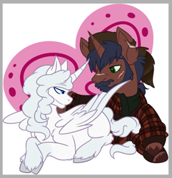 Size: 719x747 | Tagged: safe, artist:dogi-crimson, oc, oc only, oc:daneel, oc:silverheart, alicorn, unicorn, alicorn oc, beard, clothes, coonskin cap, facial hair, heart, missing cutie mark, plaid shirt, ponytail, scar, scarf, shipping, wings