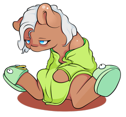 Size: 1033x961 | Tagged: safe, artist:lucky-jacky, oc, oc only, oc:ka ching, earth pony, pony, bathrobe, clothes, robe, simple background, sitting, sleepy, slippers, solo, tired, transparent background