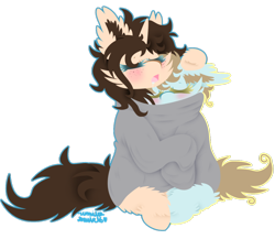 Size: 1024x890 | Tagged: safe, artist:vanillaswirl6, oc, oc only, oc:klo, oc:mei mei, pony, colored eyelashes, commission, cute, drool, duo, eyes closed, female, fluffy, get along shirt, mare, open mouth, simple background, sleeping, sleeping while sitting, snuggling, sweatshirt, transparent background