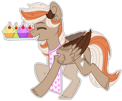 Size: 1573x1302 | Tagged: safe, artist:trickate, oc, oc only, pegasus, pony, apron, cherry, clothes, commission, cupcake, female, food, mare, mouth hold, simple background, transparent background, tray