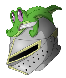 Size: 521x617 | Tagged: safe, artist:whyena, gummy, alligator, helmet, male, not salmon, simple background, solo, sword, transparent background, wat, weapon
