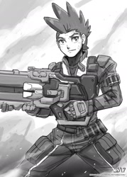 Size: 1000x1396 | Tagged: safe, artist:johnjoseco, spike, human, grayscale, humanized, monochrome, older, older spike, overwatch, soldier 76, solo