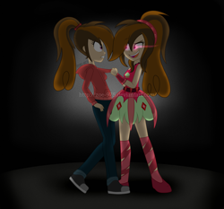 Size: 4077x3799 | Tagged: safe, artist:zoe-975, oc, oc only, oc:collapsia slash, oc:cupcake slash, equestria girls, clothes, dress, duality, glowing eyes, hoodie, looking at each other, pulling, self paradox, smiling