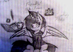 Size: 506x361 | Tagged: safe, artist:fanliterature101, oc, oc only, oc:century note, alicorn, pony, alicorn oc, book, clothes, coffee, crown, ear fluff, hoodie, jewelry, levitation, lined paper, low quality, magic, mug, pen, regalia, sideways glance, sitting, solo, spread wings, telekinesis, traditional art, wings