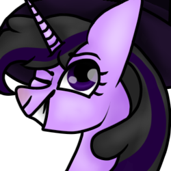 Size: 300x300 | Tagged: safe, artist:sodadoodle, oc, oc only, oc:lila hatchet, unicorn, hat, looking at you, one eye closed, profile picture, triangular pony nose, wink, witch hat