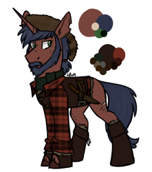 Size: 1162x1317 | Tagged: safe, artist:bluebrush09, oc, oc only, oc:daneel, unicorn, beard, clothes, coonskin cap, facial hair, knife, male, plaid, plaid shirt, reference sheet, scar, scarf, solo