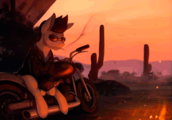 Size: 750x521 | Tagged: safe, artist:rodrigues404, oc, oc only, oc:lancer, pony, alcohol, animated, cigarette, gif, glasses, male, motorcycle, scenery, smoking, sunglasses, whiskey
