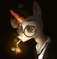 Size: 1576x1636 | Tagged: safe, artist:starrcoma, oc, oc only, oc:kain, pony, unicorn, black background, cigarette, clothes, glasses, glowing horn, lighter, magic, male, simple background, smoking, solo, stallion, suit, telekinesis