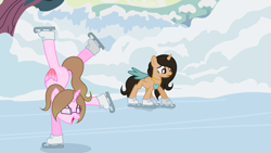 Size: 1024x578 | Tagged: safe, artist:cindydreamlight, oc, oc only, oc:cindy, oc:lele glimmer, alicorn, pony, base used, female, flexible, ice skating, mare