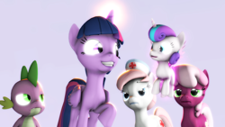 Size: 1920x1080 | Tagged: safe, artist:jaygaming1, cheerilee, nurse redheart, princess flurry heart, spike, twilight sparkle, twilight sparkle (alicorn), alicorn, dragon, 3d, cheerilee is unamused, floating, lens flare, poster, raised hoof, smiling, source filmmaker, unamused