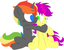 Size: 3543x2750 | Tagged: safe, artist:anonymousnekodos, oc, oc only, oc:krylone, oc:shockwave, pegasus, pony, unicorn, female, high res, hug, lineless, male, mare, rainbow hair, simple background, stallion, transparent background