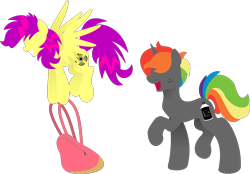 Size: 4375x3048 | Tagged: safe, artist:anonymousnekodos, oc, oc only, oc:krylone, oc:shockwave, pegasus, pony, unicorn, backpack, female, high res, lineless, male, mare, minimalist, modern art, rainbow hair, simple background, stallion, transparent background