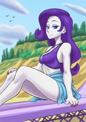 Size: 723x1024 | Tagged: safe, alternate version, artist:brother-tico, derpibooru import, edit, editor:thomasfan45, rarity, human, better together, equestria girls, forgotten friendship, beach, beach chair, beautiful, bedroom eyes, bikini, breasts, cleavage, clothes, cloud, cute, eyeshadow, female, geode of shielding, legs, lidded eyes, looking at you, magical geodes, makeup, nail polish, outdoors, raritits, sand, sarong, schrödinger's pantsu, sexy, sitting, smiling, solo, swimsuit