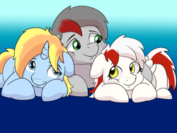 Size: 8000x6000 | Tagged: safe, artist:imposter dude, derpibooru import, oc, oc:arya, oc:move, oc:skydreams, pegasus, pony, unicorn, commission, cuddling, cute, daaaaaaaaaaaw, female, male, mare, simple background, snuggling, stallion