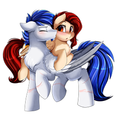 Size: 2978x2850 | Tagged: safe, artist:pridark, derpibooru import, oc, oc only, pegasus, pony, blushing, colored wings, commission, cute, daaaaaaaaaaaw, duo, eyes closed, multicolored wings, open mouth, raised hoof, simple background, smooch, transparent background, wings