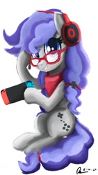 Size: 675x1200 | Tagged: safe, artist:crimsontrace, derpibooru import, oc, oc only, oc:cinnabyte, adorkable, bandana, cinnabetes, cute, dork, gaming headset, gift art, glasses, headphones, headset, nintendo switch, smiling, switch