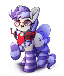 Size: 1727x2048 | Tagged: safe, artist:hitbass, derpibooru import, oc, oc only, oc:cinnabyte, adorkable, bandana, clothes, commission, cute, dork, gaming headset, glasses, headphones, headset, smiling, socks, striped socks