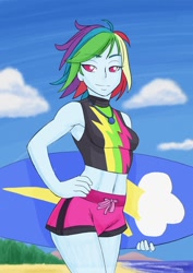 Size: 724x1024 | Tagged: safe, alternate version, artist:brother-tico, derpibooru import, edit, editor:thomasfan45, rainbow dash, human, equestria girls, alternate hairstyle, armpits, beach, bedroom eyes, belly button, clothes, cloud, female, geode of super speed, hand on hip, lidded eyes, looking at you, magical geodes, midriff, ocean, sand, sexy, smiling, solo, solo female, surfboard, swimming trunks, swimsuit